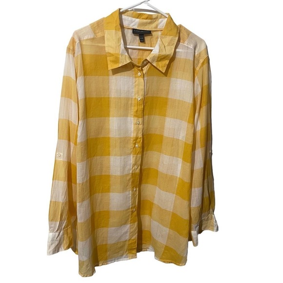 Lane Bryant Yellow & White Checkered 100% Cotton Button Down Shirt - Picture 1 of 7